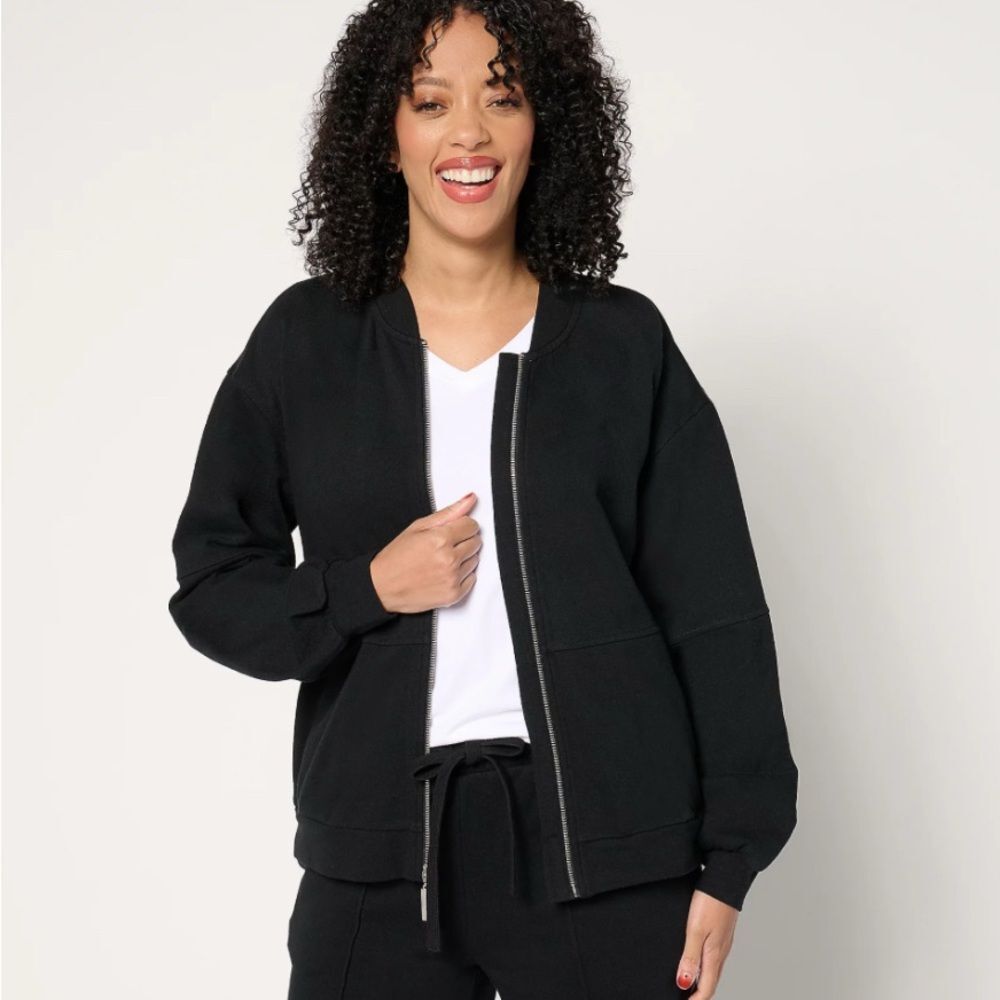 Peace Love World French Terry Zip-Front Bomber Jacket